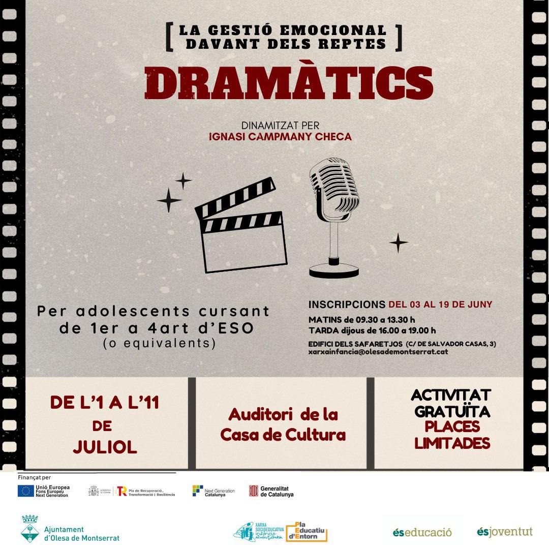 🔴 TALLER|

🎭📻De l’1 a l’11 de juliol se celebra el taller “Dramàtics”, una activitat d’expressió teatral dinamitzada per Ignasi Campmany i que es dirigeix a adolescents que estiguin cursant de 1r a 4t d’ESO.

Recupera l'entrevista amb Ignasi Campmany 📻i.mtr.cool/ahznolyomd