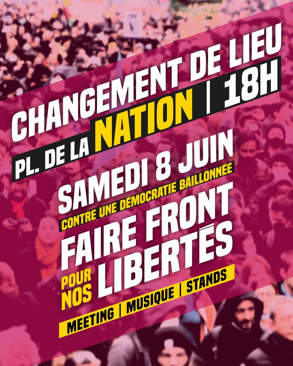 UnionSolidaires's tweet photo. 8 juin : contre une démocratie baillonnée, faire front pour nos libertés ! 
Meeting à 18h place de la Nation. 
https://t.co/w7K8eFGN5q https://t.co/RejYGjGcIK