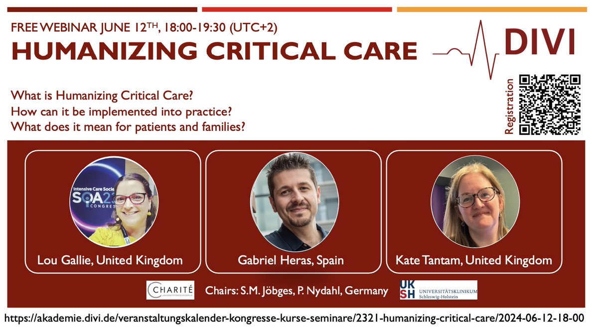 Peter Nydahl (@nydahlpeter) on Twitter photo Free Webinar
HUMANIZING CRITICAL CARE
June 12th, 18:00-19:30 (UTC+2)
Speakers: <a href="/RehabLegendLou/">Lou Gallie</a>, <a href="/TantamKate/">Kate Tantam (She/her)</a>, Gabi Heras <a href="/FHSanidad/">Fundación Humanizando la Sanidad</a>
Collaboration of <a href="/DIVI_eV/">DIVI e.V.</a> <a href="/UKSH_KI_HL/">Universitätsklinikum Schleswig-Holstein</a> <a href="/ChariteBerlin/">Charité - Universitätsmedizin Berlin</a>
Registration: akademie.divi.de/veranstaltungs… Free Webinar
HUMANIZING CRITICAL CARE
June 12th, 18:00-19:30 (UTC+2)
Speakers: <a href="/RehabLegendLou/">Lou Gallie</a>, <a href="/TantamKate/">Kate Tantam (She/her)</a>, Gabi Heras <a href="/FHSanidad/">Fundación Humanizando la Sanidad</a>
Collaboration of <a href="/DIVI_eV/">DIVI e.V.</a> <a href="/UKSH_KI_HL/">Universitätsklinikum Schleswig-Holstein</a> <a href="/ChariteBerlin/">Charité - Universitätsmedizin Berlin</a>
Registration: akademie.divi.de/veranstaltungs…