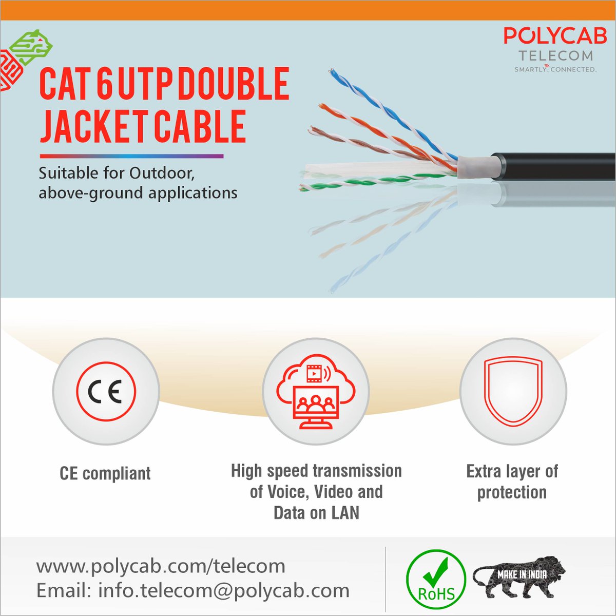 PolycabTelecom's tweet image. CAT 6 UTP Double Jacket CABLE
Suitable for Outdoor, above-ground applications
To Know More - bit.ly/3NDw5ew

#cat6 #utp #doublejacket #cable #PolycabTelecom #Polycab #VocalforLocal #DigitalIndia #MakeinIndia #AtmanirbharBharat

Watch at Youtube: youtu.be/KpTudNgXUCQ
