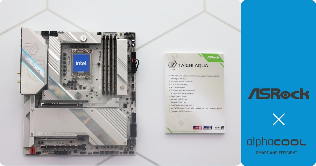 alphacool's tweet photo. What do we have here? A pre-installed water cooler on an @ASRockInfo motherboard...? 🤔🤨
#alphacool #computex #primeline #kingston #cooperation #pc #pcmodding #gaming #gamingpc #setup #custompc #pcbuild #pcmodding https://t.co/ODZGGvjGwK
