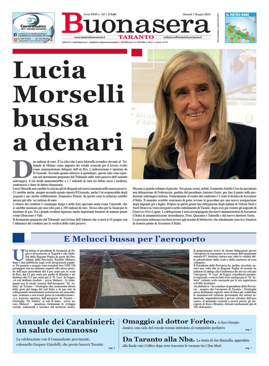 🔹️Lucia Morselli bussa a cassa
<a href="/AcciaieriedIT/">Acciaierie d'Italia in A.S.</a> 
<a href="/snam/">Snam</a>  <a href="/Glencore/">Glencore</a> <a href="/Federacciai_ita/">Federacciai</a> <a href="/adolfo_urso/">Adolfo Urso</a> 
🔹️Annuale dei <a href="/_Carabinieri_/">Arma dei Carabinieri</a> 
Saluto commosso al Comandante provinciale 
🔹️Weekend tra i delfini a #Taranto <a href="/JonianDolphin/">Jonian Dolphin Conservation</a>