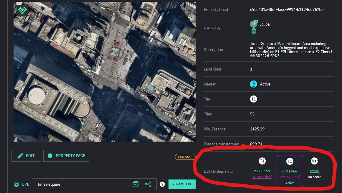 E2Jolipa's tweet photo. Important Profile Property Update #earth2

live you can now see your Daily E-ther (convertible into the new launched #essence $ESS #token) Yield of the respective property

#earthio #Playtoearn #Web3game #web3games 

Thank you for the hint @E2CARL1 https://t.co/ggOpXocw8y