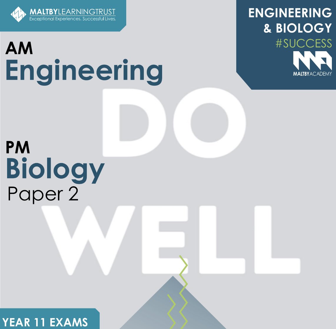 MaltbyAcademy's tweet image. Year 11 Exam Update ℹ️
Well done in yesterday’s English Language Paper 2 exam. 
Today we have: 
AM - Engineering
PM - Biology Paper 2
#GCSEexams #gradechasers #success