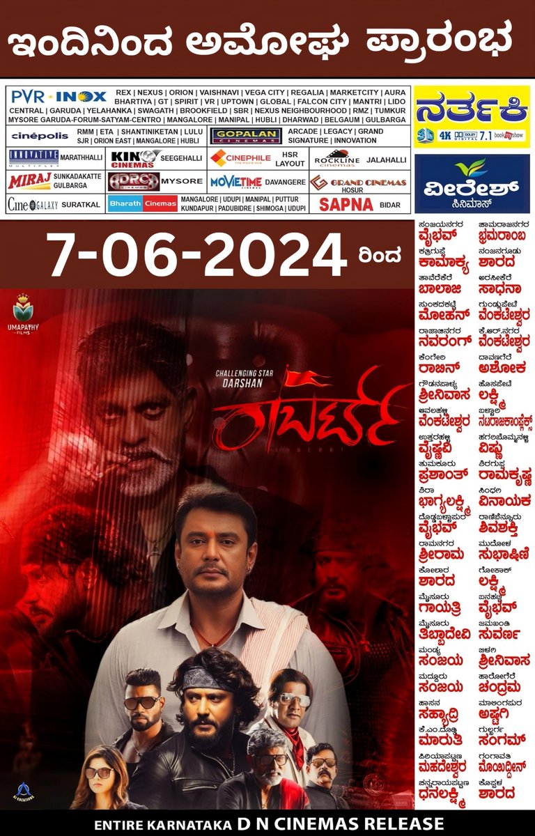 MMusicKannada's tweet photo. ಇಂದಿನಿಂದ ರಾಜ್ಯಾದ್ಯಂತ ಚಾಲೆಂಜಿಂಗ್ ಸ್ಟಾರ್ #ದರ್ಶನ್ ಅಭಿನಯದ ಸೂಪರ್ ಹಿಟ್ #ರಾಬರ್ಟ್ ಚಿತ್ರ ಮರುಬಿಡುಗಡೆಯಾಗಿದೆ🔥
@dasadarshan
#Roberrt #RoberrtReRelease #InCinemas #ChallengingStarDarshan #DBoss #Darshan #DarshanThoogudeepa #TharunSudhir #AshaBhat #VinodPrabhakar #SonalMonteiro #JagapathiBabu https://t.co/ZZK63XzwpQ