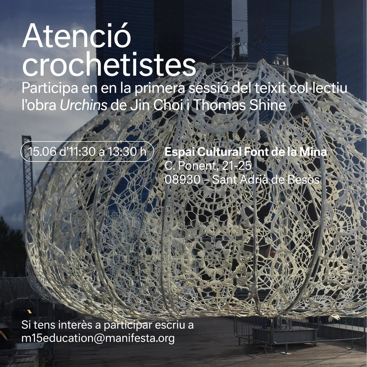 AjSantAdria's tweet photo. 🪡 Saps teixir a ganxet? Vols col·laborar amb el projecte Urchins, en el marc de Manifesta 15 Barcelona Metropolitana?

🗓️ Ds 15 juny
🕦 11.30-13.30h
📍Espai Cultural Font de la Mina

✍️Inscripcions i info https://t.co/3L71rlBzqx https://t.co/EpdeeGnCK8
