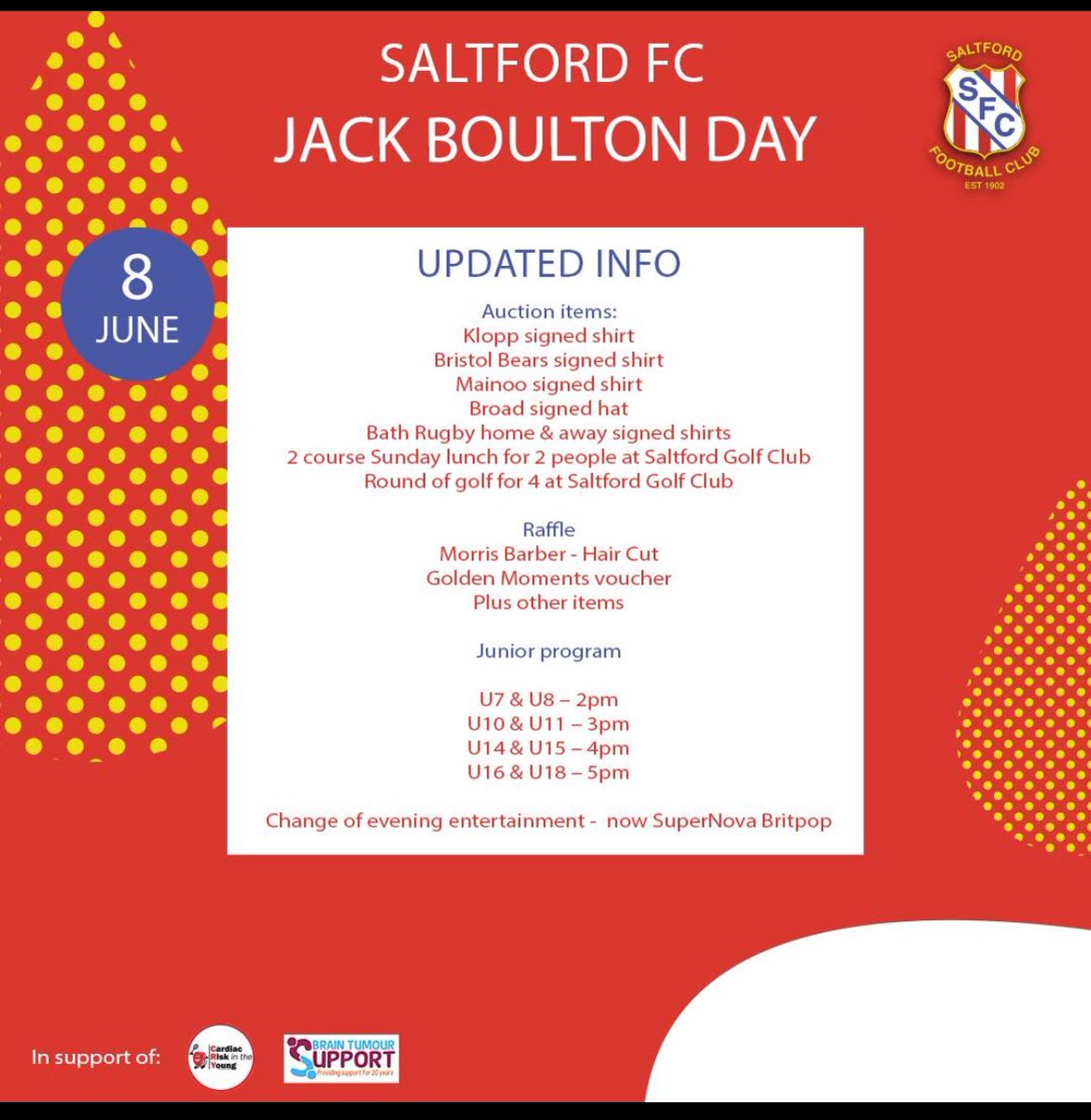 REMINDER:
Jack Boulton Day tomorrow.
Charity fundraiser.
Kicking off with Saltford legends v <a href="/LongwellGreenFC/">Longwell Green Sports FC</a> old boys 13:00 kick off.
Then back to Saltford for a fun filled afternoon &amp; evening.