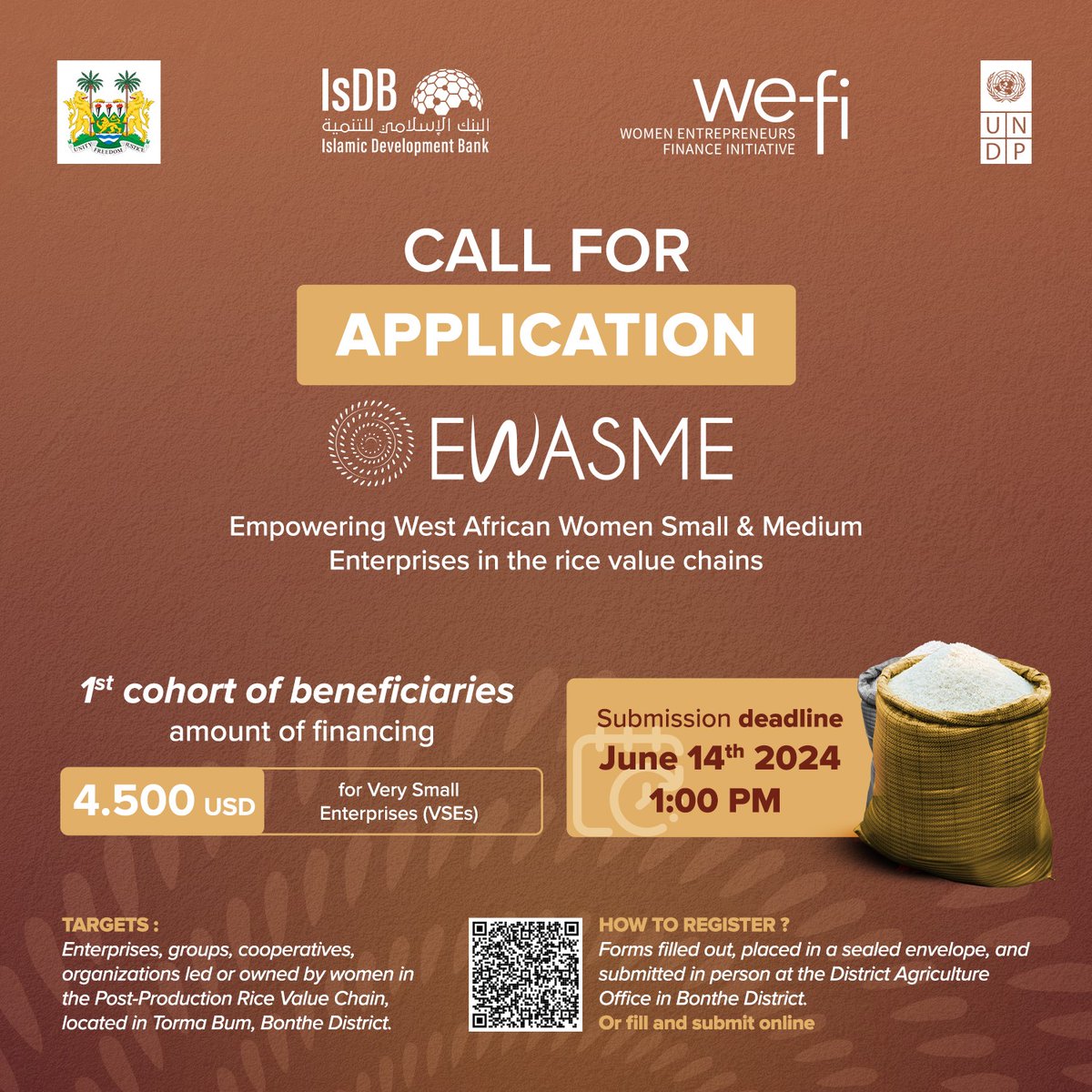 📢🇸🇱
EWASME is now accepting grant applications from women-owned and women-led SMEs and VSEs involved in the post-production segment of the rice value chain in Torma Bum, Bonthe District.

Apply by 1:00 pm on June 14, 2024.

Apply: go.undp.org/ZRz
<a href="/isdb_group/">IsDB Group</a>