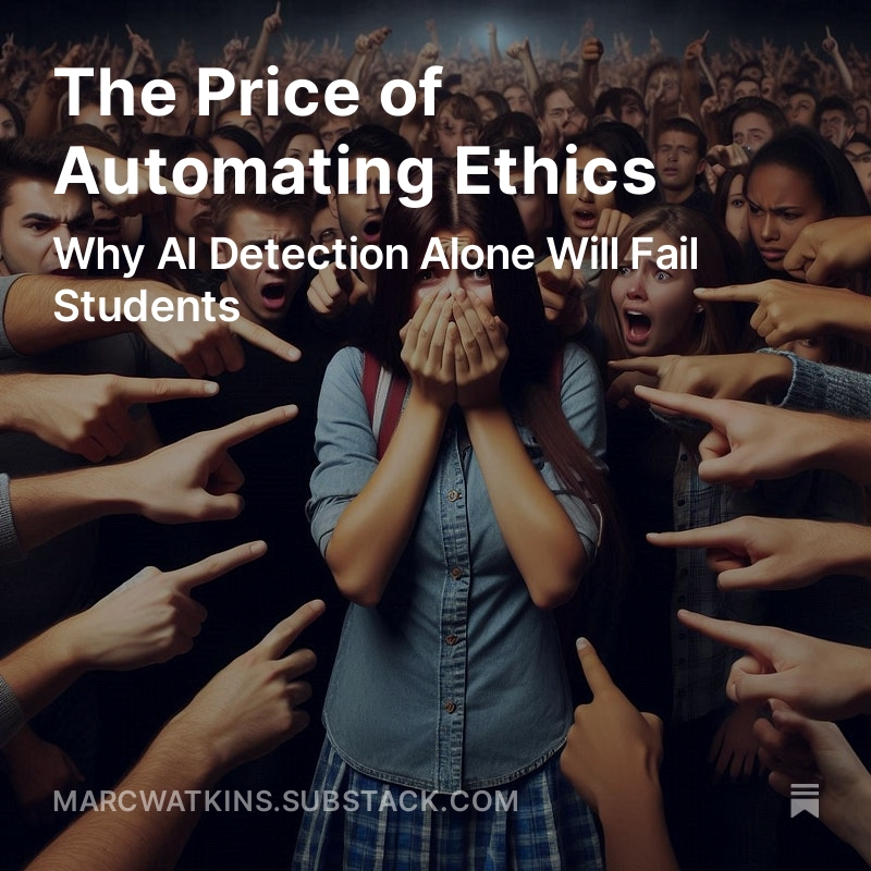 Marc__Watkins's tweet photo. The 6th post in my Beyond ChatGPT series is up. We must teach ethical AI practices &amp; responsible use of detection tools for academic integrity. Students are turning to tracking their own writing process just to show that it was human, with long term consequences. (👆in bio) https://t.co/eAif6muTWV