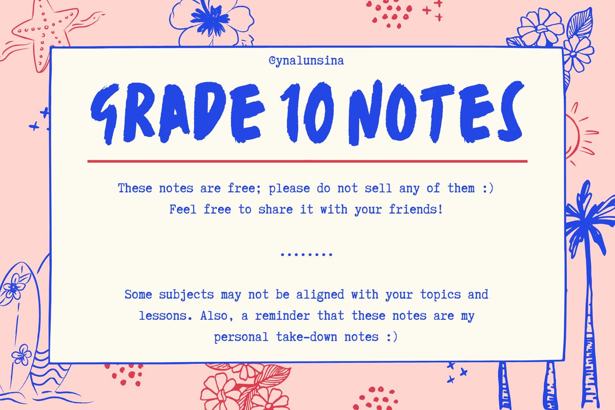 hello everyone! for incoming gr 10 peeps, you can use my notes as reference or for advance study (incomplete). 

i'm still working on other subject/quarter but i'll add them soon hehe. happy learning! :) 

⋆౨ৎ˚⟡˖ ࣪

drive.google.com/drive/folders/…

[#studytwt #studytwtph]