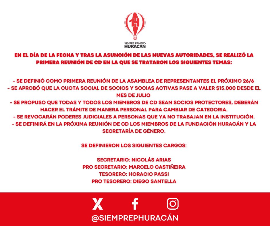 📑 Se informa lo tratado en la primera Reunión de Comisión Directiva llevada a cabo este jueves 6 de junio de 2024.

#SiemprePrimeroHuracán 🎈

#Huracán #Globo #ParquePatricios
