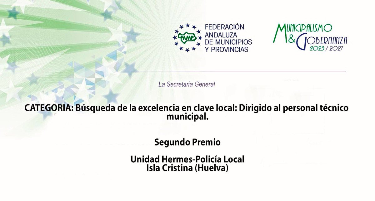 Unidad Hermes Policia Local Isla Cristina (@hermesplocal) on Twitter photo <a href="/FAMPcomunica/">FAMP Comunicación</a> ha otorgado a la <a href="/HermesPLocal/">Unidad Hermes Policia Local Isla Cristina</a> de la #policíalocal de <a href="/Ayto_ic/">Ayto. Isla Cristina</a> el segundo premio en la búsqueda de la excelencia en clave local: dirigido al personal tecnico municipal en su III Edición. Gracias a todos por vuestro apoyo. #islacristinasegura <a href="/FAMPcomunica/">FAMP Comunicación</a> ha otorgado a la <a href="/HermesPLocal/">Unidad Hermes Policia Local Isla Cristina</a> de la #policíalocal de <a href="/Ayto_ic/">Ayto. Isla Cristina</a> el segundo premio en la búsqueda de la excelencia en clave local: dirigido al personal tecnico municipal en su III Edición. Gracias a todos por vuestro apoyo. #islacristinasegura
