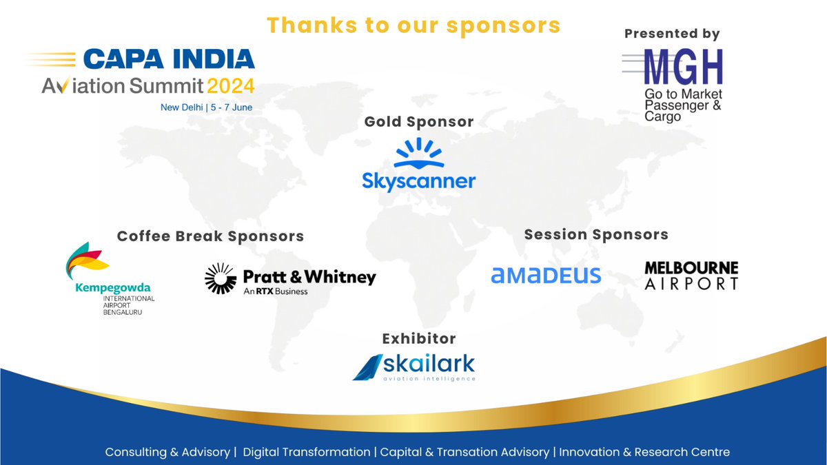 capa_india's tweet photo. The CAPA India Aviation Summit 2024 would not be possible without the support of our valued #sponsors: MGH Group, @Skyscanner, @AmadeusITGroup, @Melair, @BLRAirport, @prattandwhitney and Skailark.
Thank you.
#CIAS24 #CAPAIndia #AviationIndia #Indianaviation #Indianairports #aviationenthusiast #avgeek #Indianairlines.