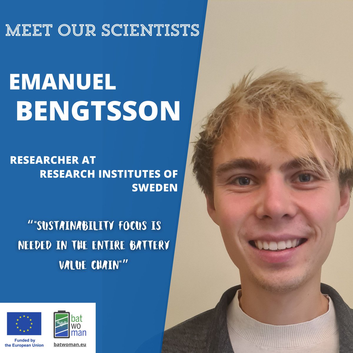 Meet Emanuel, a researcher at RISE, specializing in battery life cycle assessment. In BatWoMan, he guides sustainability efforts with belief in a holistic approach to batteries' environmental impact. 🔋🌱#Sustainability #lifecycleassesment #BatWoMan <a href="/RISEsweden/">RISE</a>