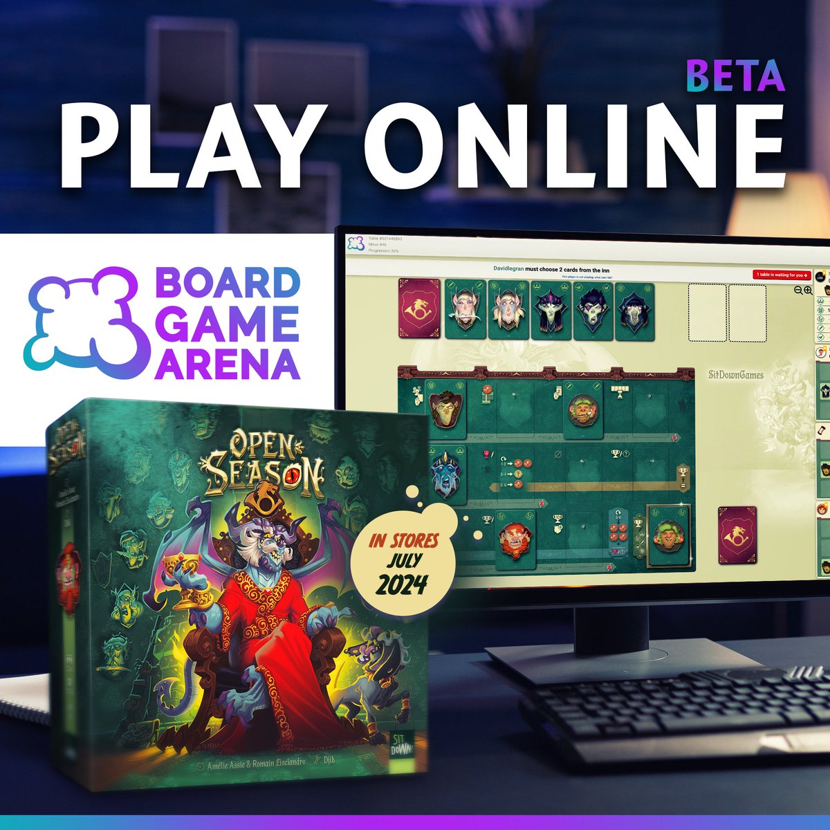 🔥 OPEN SEASON is now available on Board Game Arena 🔥

👉 sitdown-games.com/ops-bga

Don't forget to read the rules, download them here:
sitdown-games.com/download/12141/

Please remember that the game is still in BETA version, bugs may still appear. Please use the reporting tool from BGA.