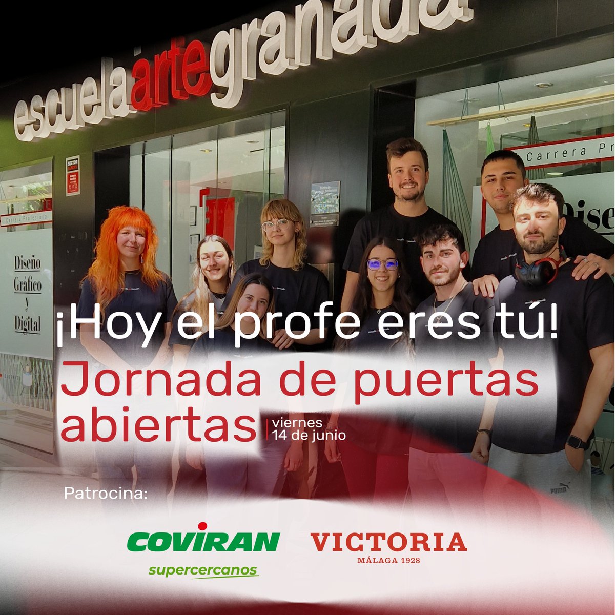 🎉 ¡No te lo puedes perder! 🎉

Este viernes 14 de junio, ven a nuestra jornada de puertas abiertas "Hoy el profe eres tú by Supermercados Coviran &amp; Cervezas Victoria" en Escuela Arte Granada.
📍 Lugar: Escuela Arte Granada
⏰ Hora: 09:30h 
¡Te esperamos! 🤗🎊