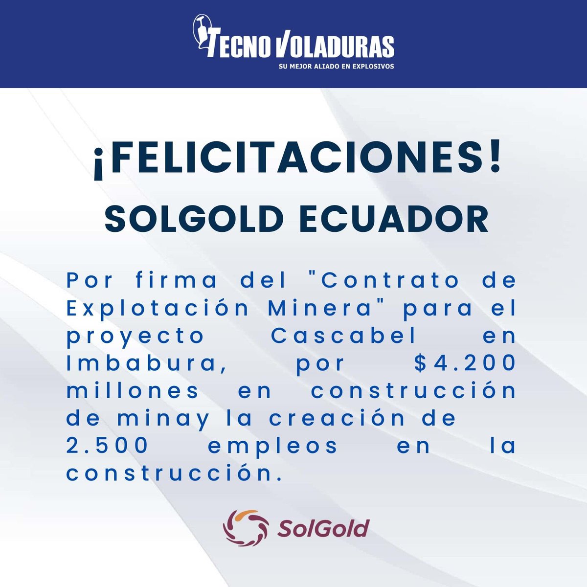 Tecnovoladuras_'s tweet photo. Creemos en Ecuador 🇪🇨 Felicitamos a la empresa Soldgold por tan importante avance en la firma de contrato por 4.200 millones de dólares, para la construcción de mina, acoplamientos de campamentos y construcción de planta.
¡Sigamos adelante!
#URGENTE #Tecnovoladuras #soldgold https://t.co/LpAYs08uab