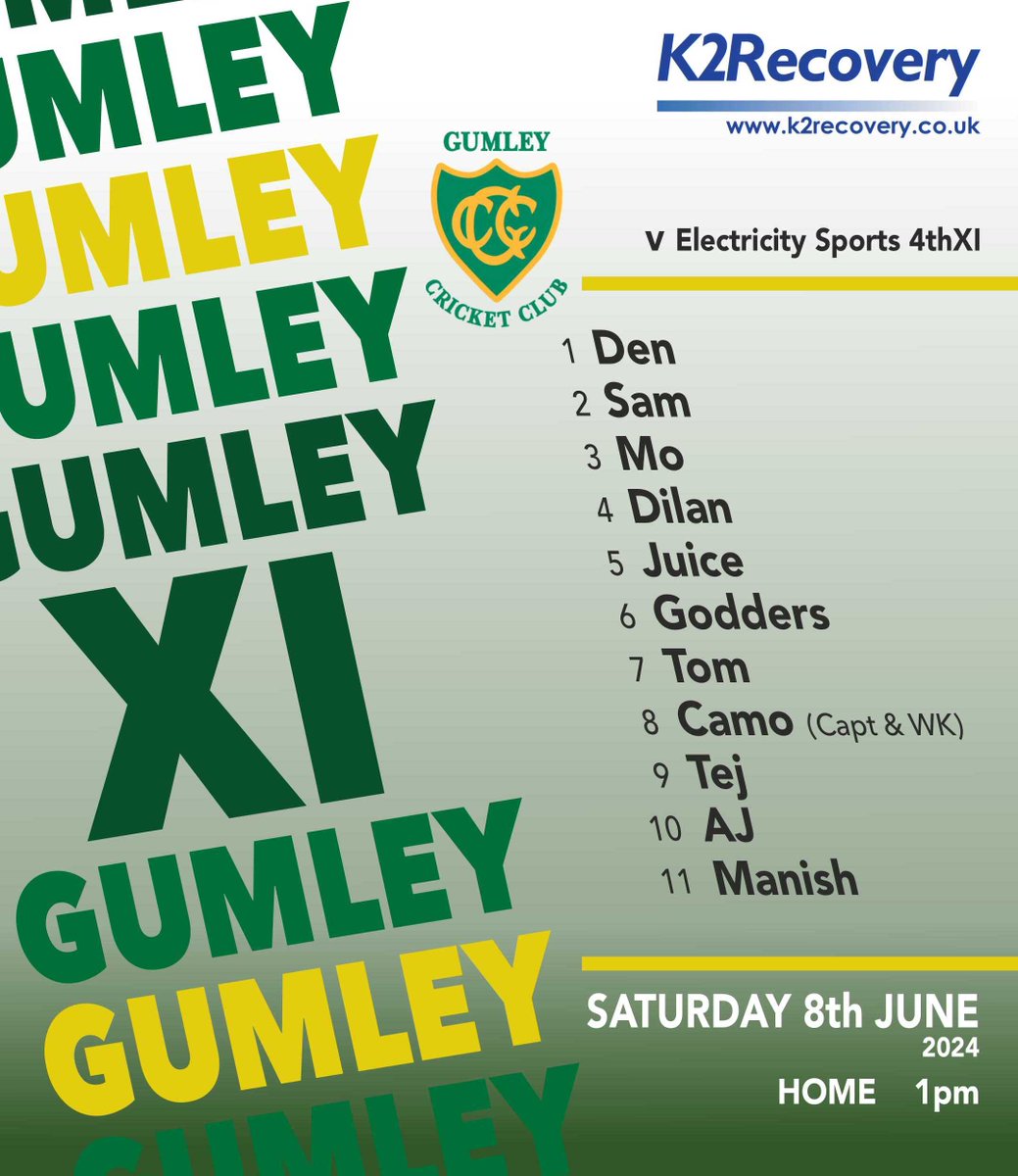 Gumley Cricket Club (@gumleycc) on Twitter photo Sponsored by <a href="/K2Recovery/">K2 RECOVERY</a> Saturday's XI to face Electricity Sports at Gumley Top. An electrifying performance is expected from all! Come watch the sparks fly, 1pm start. Then join us afterwards for a small bevvy at The Bell Inn, Gumley Sponsored by <a href="/K2Recovery/">K2 RECOVERY</a> Saturday's XI to face Electricity Sports at Gumley Top. An electrifying performance is expected from all! Come watch the sparks fly, 1pm start. Then join us afterwards for a small bevvy at The Bell Inn, Gumley