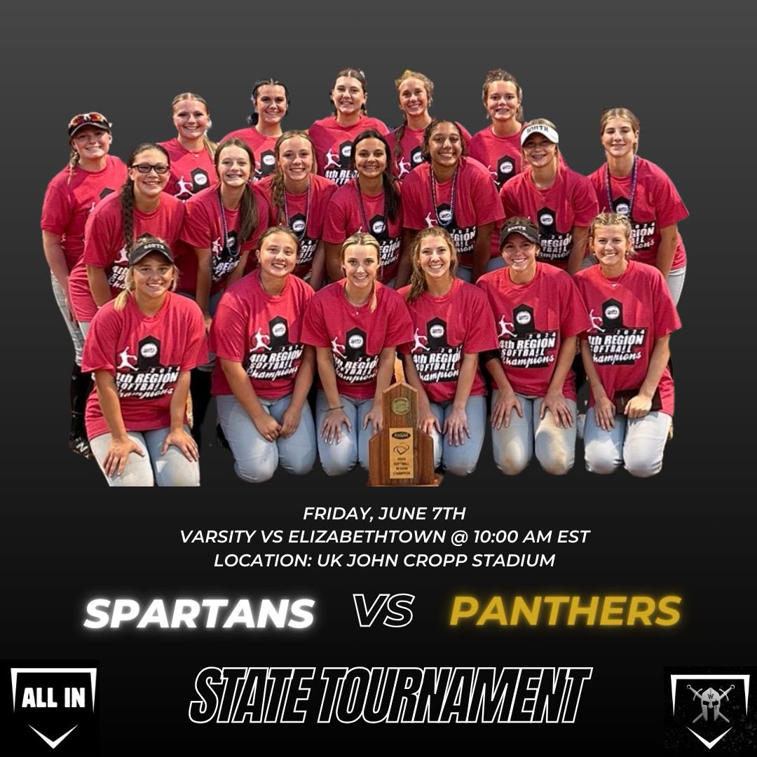 💥💥💥💥 GAME DAY 💥💥💥💥

Your SPARTANS will take on Elizabethtown @ 10:00 EST @ UK’s John Cropp Stadium in the 1st round of the STATE TOURNAMENT! 

⚔️🖤🥎 GO SOUTH 🥎🖤⚔️
#allin