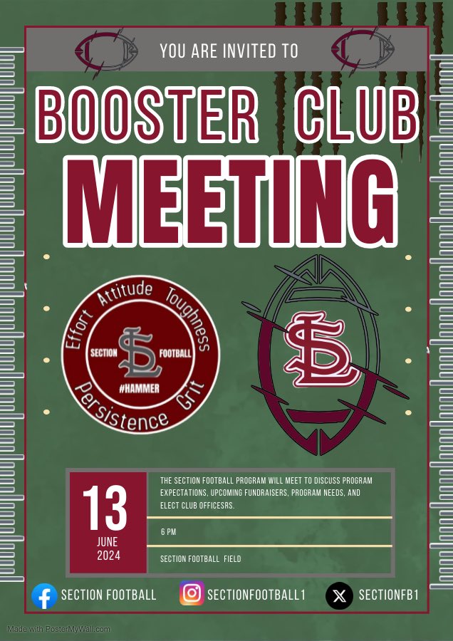SectionFB1's tweet image. The Section Football Program would like to invite you to the Booster Club Meeting June 13, 2024. We will meet at the football field @6 pm. We look forward to seeing you there!! #HAMMER