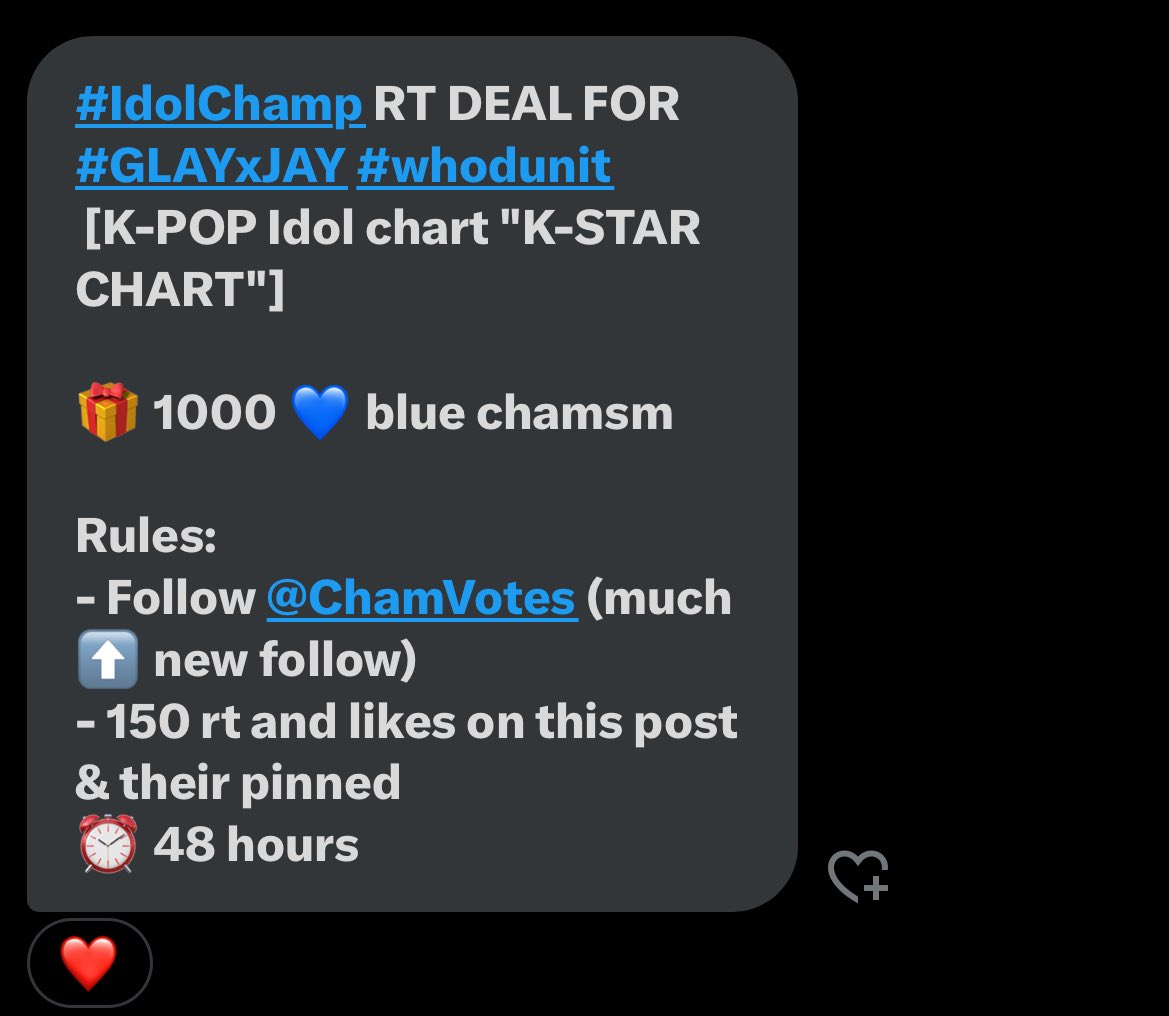 #IdolChamp RT DEAL FOR #GLAYxJAY #whodunit 
 [K-POP Idol chart "K-STAR CHART"]

🎁 1000 💙 blue chamsm 

Rules:
- Follow @ChamVotes (much ⬆️ new follow)
- 150 rt and likes on this post &amp; their pinned 
⏰ 48 hours

#ENVOOSTERS #EnFuelUp
