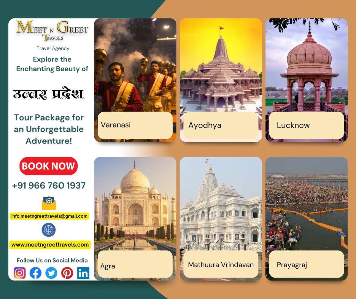 mngtravels's tweet photo. Discover the wonders of Uttar Pradesh with Meet N Greet Travels! 🌟 From the Taj Mahal to Varanasi, explore its rich heritage!
.
#meetngreettravels #tour #uttarpradesh #touristattraction #tripplanner #tourguide https://t.co/teNO70vn0B