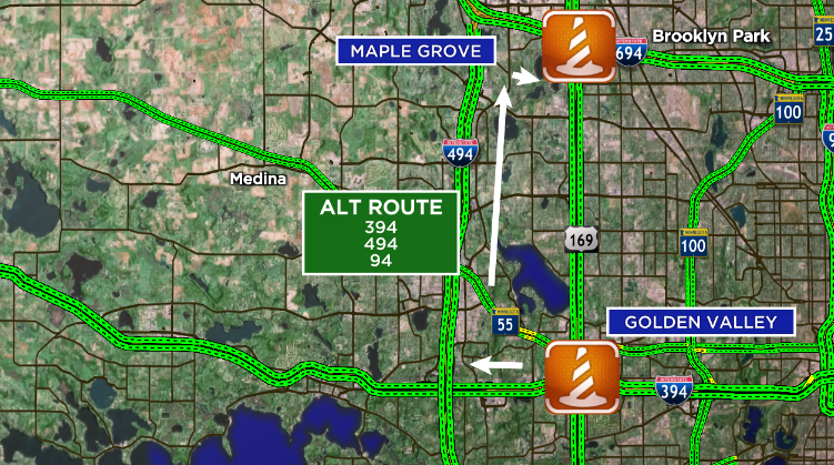 kstptraffic's tweet photo. WEEKEND CLOSURE - All lanes of Hwy 169 will close between 394 in Golden Valley and 94 in Maple Grove. The closure is due to bridge demo work and will last from Friday 10 pm - Monday 5 am. Use 494 as an alternate route. #MNtraffic #WeekendClosure https://t.co/MVPe0v8qvm