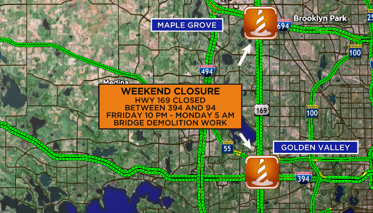 kstptraffic's tweet photo. WEEKEND CLOSURE - All lanes of Hwy 169 will close between 394 in Golden Valley and 94 in Maple Grove. The closure is due to bridge demo work and will last from Friday 10 pm - Monday 5 am. Use 494 as an alternate route. #MNtraffic #WeekendClosure https://t.co/MVPe0v8qvm