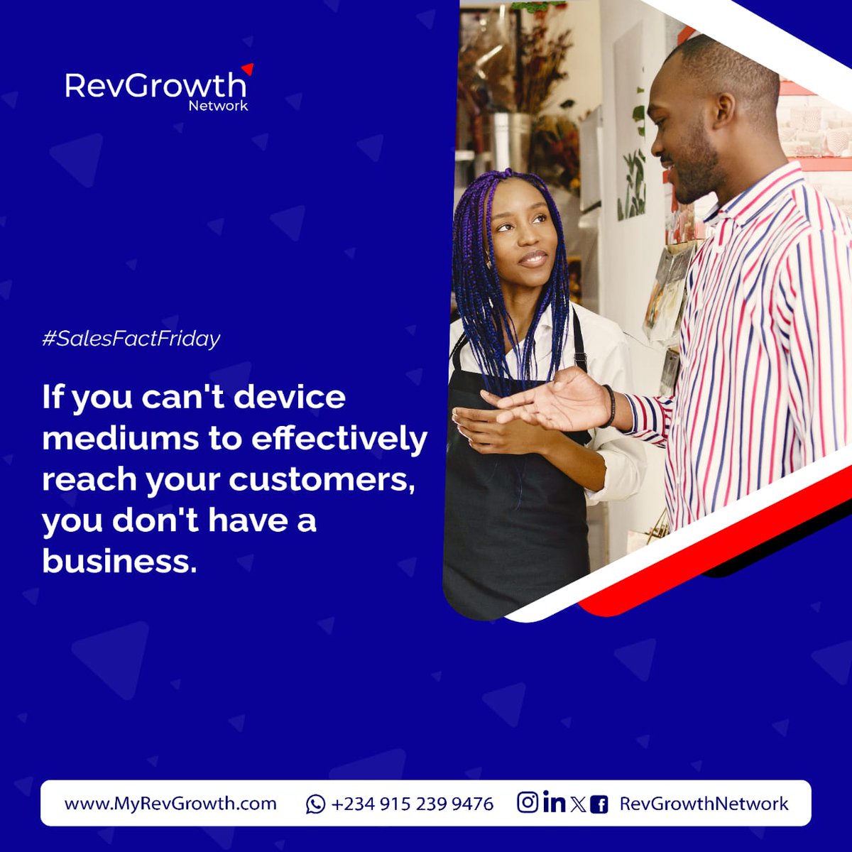 RevGrowthNet's tweet photo. 📢Whether it's a B2B or B2C model, Customers are the life line of any business;

📢 Identify their needs first;

📢 Find them through targeted campaigns;

📢 Proceed to launch your product. 

This way, your chances of thriving becomes higher. 

#SalesFactFriday
RT! https://t.co/CjNI87aqnL