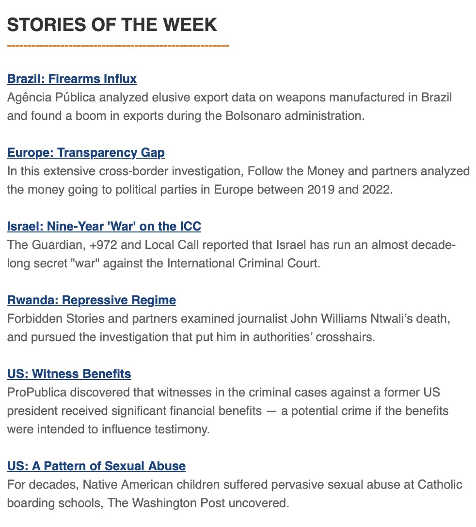 gijn's tweet photo. 📚GIJN's Stories of the Week:
🔴@agenciapublica studied elusive export data on weapons manufactured in Brazil.
🟠@FTM_eu & partners analyzed the money going to political parties in Europe.
🟡@FbdnStories & partners examined @williams_ntwali’s death.
➡️https://t.co/WLMmnCQhTf https://t.co/iW5tkDutQx