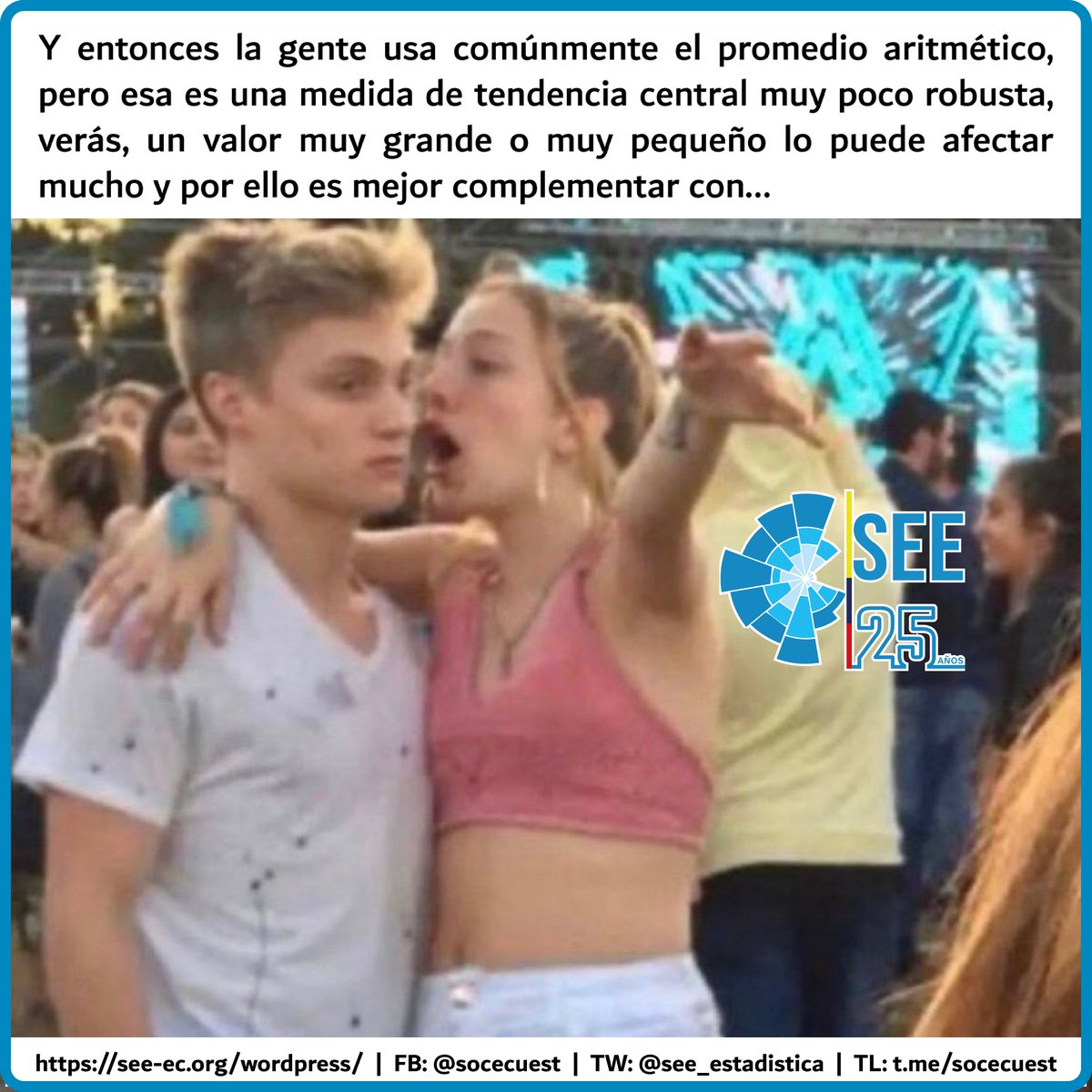 see_estadistica's tweet photo. Y entonces la gente usa comúnmente el promedio aritmético, pero esa es una medida de tendencia central muy poco robusta, verás, un valor muy grande o muy pequeño lo puede afectar mucho y por ello es mejor complementar con...
#DataScience #Estadistica #StatMeme https://t.co/l0Bip0BKzp