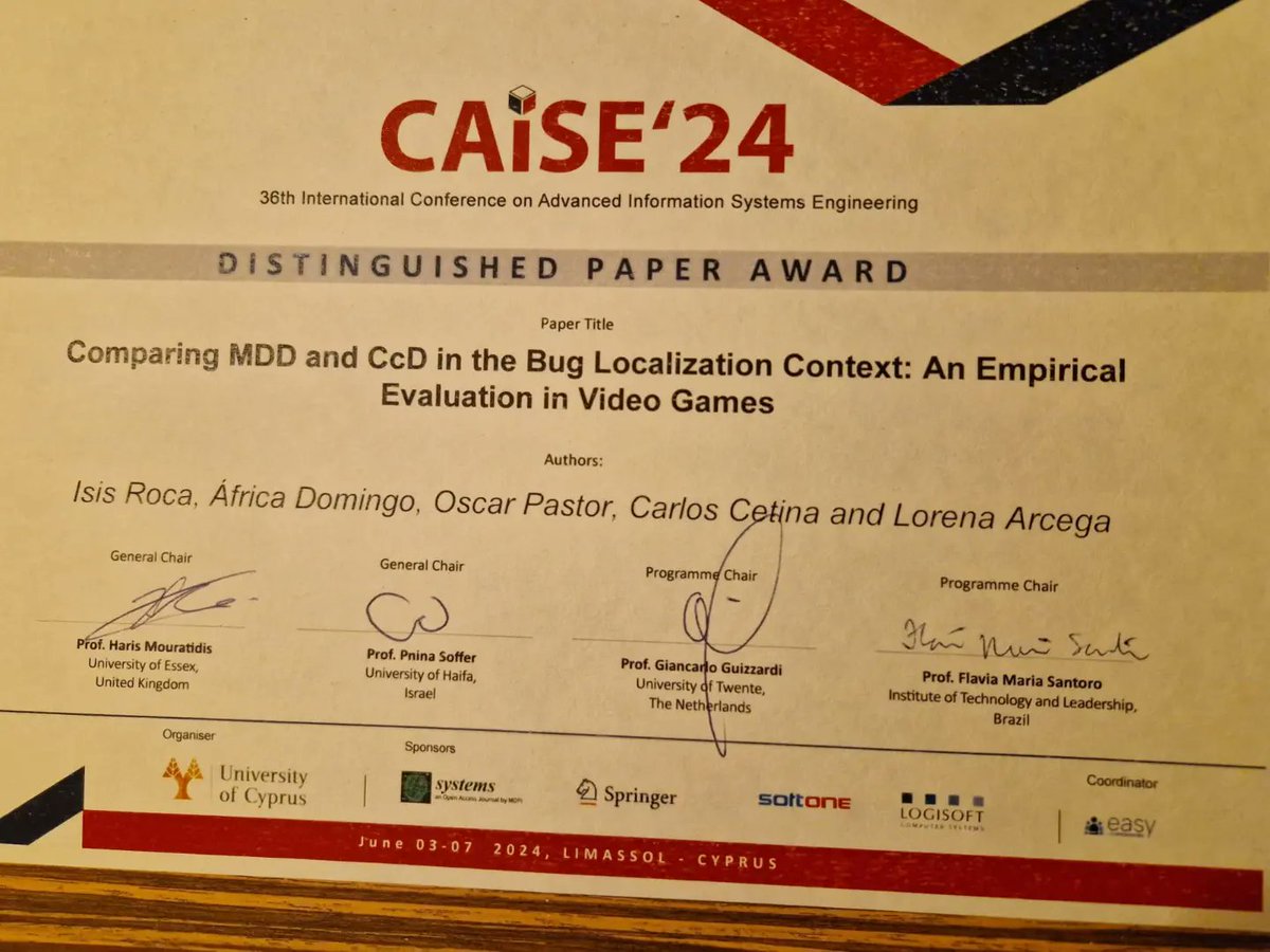 TecnologĂaUSJ (@tecnologiausj) on Twitter photo ¡Felicidades Isis (<a href="/isisroca/">Isis Roca</a>)! 👏🏻 Por haber ganado el premio al mejor paper con tu trabajo "Comparing MDD and CcD in the Bug Localization Context: An Empirical Evaluation in Video Games".
<a href="/group_svit/">SVIT Research Group</a>
<a href="/CAiSEConf/">CAiSE Conf</a> ¡Felicidades Isis (<a href="/isisroca/">Isis Roca</a>)! 👏🏻 Por haber ganado el premio al mejor paper con tu trabajo "Comparing MDD and CcD in the Bug Localization Context: An Empirical Evaluation in Video Games".
<a href="/group_svit/">SVIT Research Group</a>
<a href="/CAiSEConf/">CAiSE Conf</a>