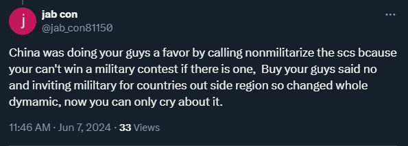 NguyenThih36's tweet photo. Wumaos says that #China is militarizing SCS because #US did. Even if we accept that argument at its face value, questions remain -
1) If #XiCP didn't want to demilitarize SCS then why forcibly take control of Scarborough in 2012 in the first place? 1/4 @duandang @Joseph_Morong https://t.co/TL3NwxTnLn