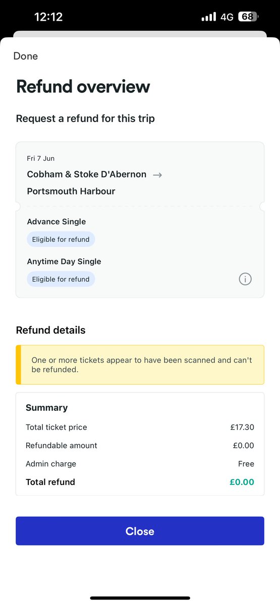 RJSaunders17's tweet photo. @thetrainline need help refunding a ticket I booked that was cancelled to Pompey. Scanned out at Guildford and now can’t refund https://t.co/E2mTSNNCiu