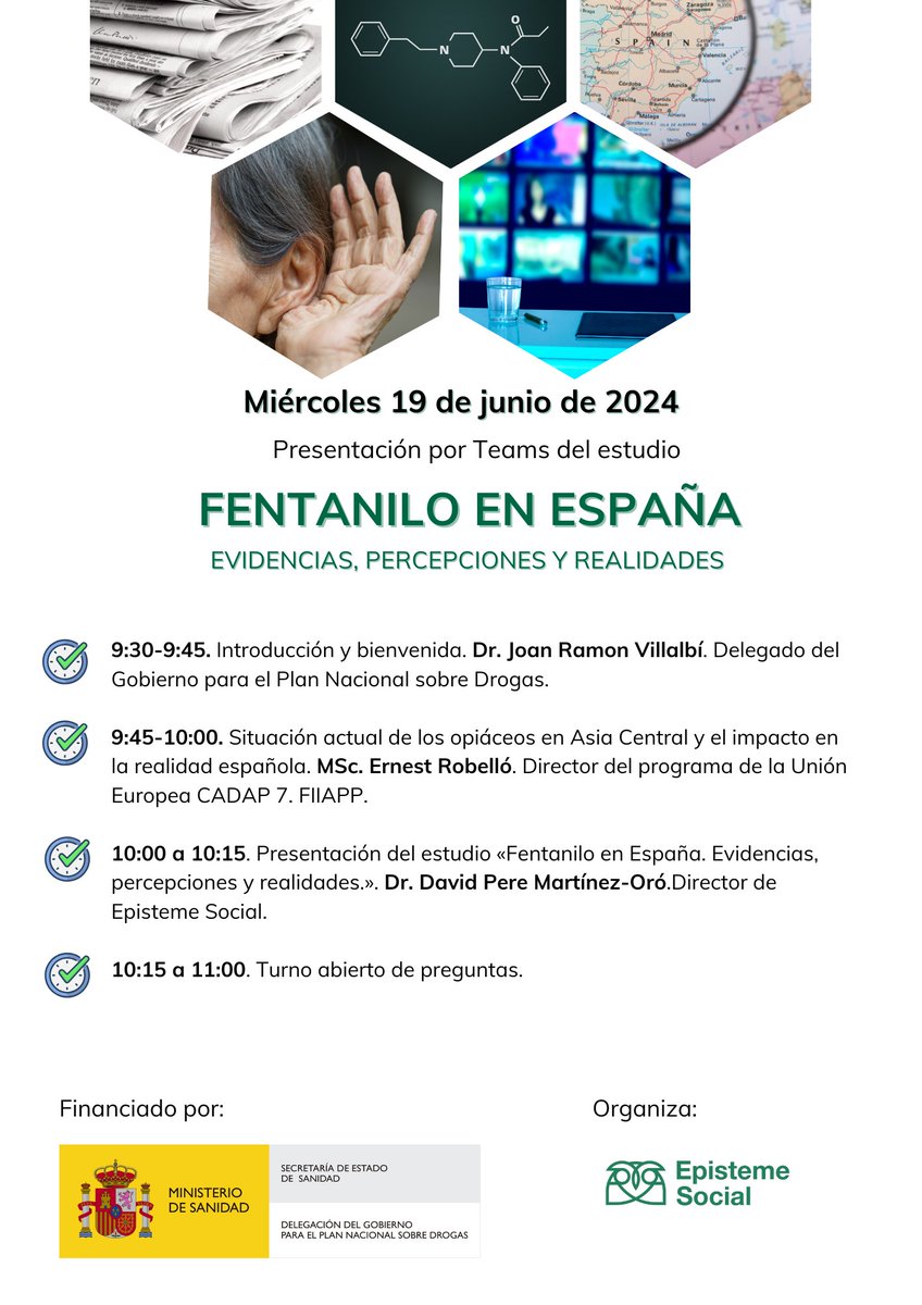 Episteme Social (@epistemesocial) on Twitter photo Presentación del estudio «Fentanilo en España». Con Dr. Joan Ramón Villalbí <a href="/PNSDgob/">Plan Nacional Sobre Drogas</a>, Ernest Robelló <a href="/CADAP7/">Central Asia Drug Action Programme (CADAP)</a> y el autor del estudio <a href="/davidpereoro/">David Pere Martínez Oro</a>
🗓️19 de junio
⏳9:30-11:00
💻 Virtual - Teams
📒 Inscripciones events.teams.microsoft.com/event/06346447…
Organiza: <a href="/epistemesocial/">Episteme Social</a>
Financia: <a href="/PNSDgob/">Plan Nacional Sobre Drogas</a> Presentación del estudio «Fentanilo en España». Con Dr. Joan Ramón Villalbí <a href="/PNSDgob/">Plan Nacional Sobre Drogas</a>, Ernest Robelló <a href="/CADAP7/">Central Asia Drug Action Programme (CADAP)</a> y el autor del estudio <a href="/davidpereoro/">David Pere Martínez Oro</a>
🗓️19 de junio
⏳9:30-11:00
💻 Virtual - Teams
📒 Inscripciones events.teams.microsoft.com/event/06346447…
Organiza: <a href="/epistemesocial/">Episteme Social</a>
Financia: <a href="/PNSDgob/">Plan Nacional Sobre Drogas</a>