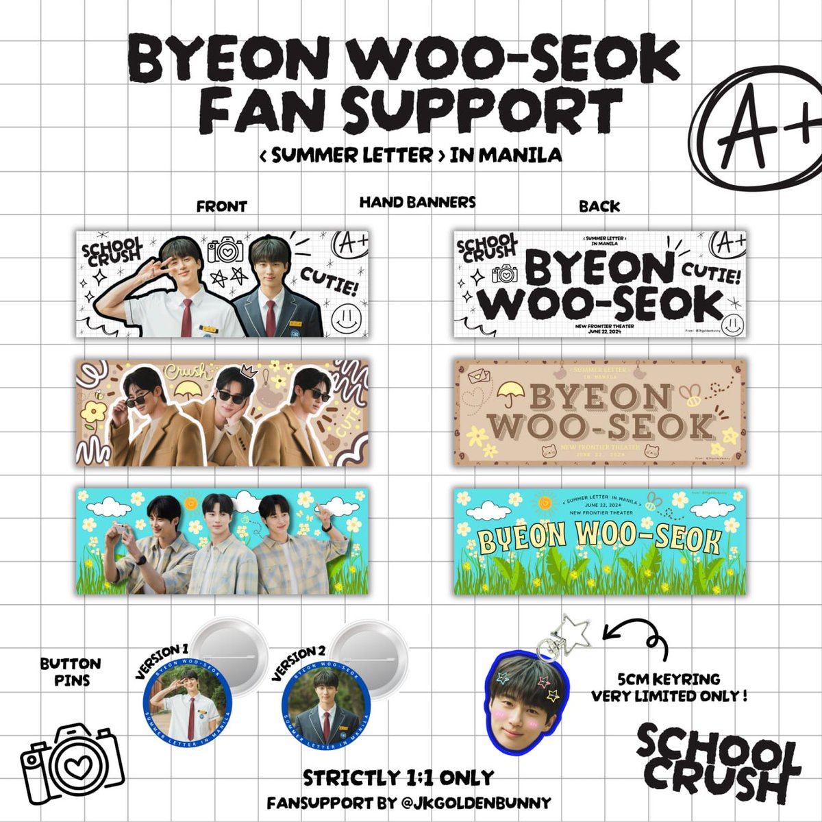 JKgoldenbunny's tweet photo. — Byeon Woo-Seok : Summer in Manila Fan support of @JKgoldenbunny 🧸

🗓 June 22, 2024
📍 New Frontier Theater 

🧢 limited only, strictly 1:1
🧢 will be randomly given
🧢 for trades, on d-day only 

#ByeonWooSeok #BYEONWOOSEOKinManila https://t.co/JxUheCGLLU
