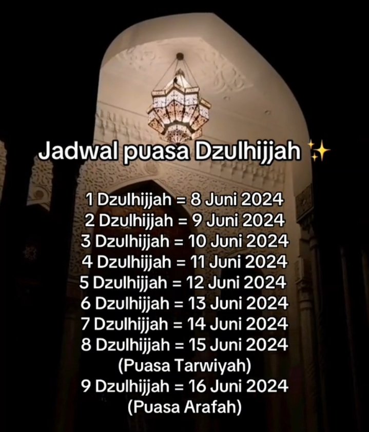 Sabtu 8-16  Juni 2024 bertepatan 1-9 Zulhijah 1445 H/2024 M  bagi kalian yg melaksanakan ibadah puasa semoga lancar dan berkah 🤲 

Maaf lahir batin sahabat X semua gk bisa ku sebut satu persatu, InsyaAllah aku dah maafkan salah kalian semua juga 🙏💚

Assalamu'alaikum...