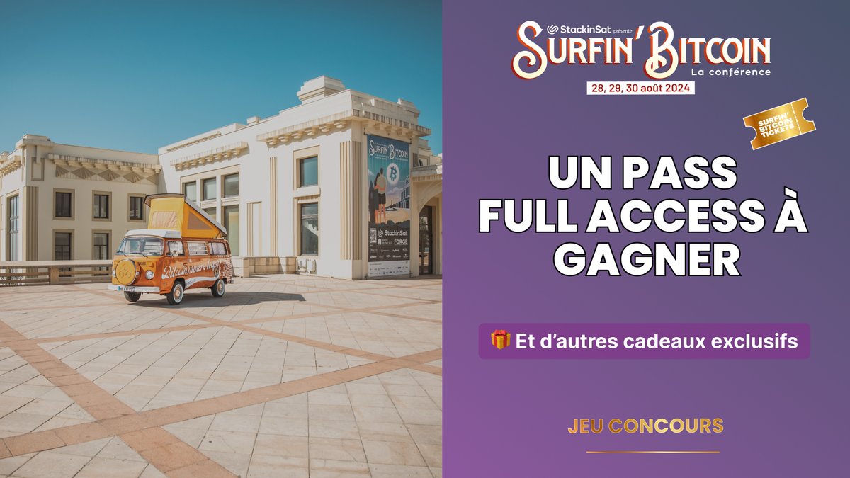 SurfinBitcoin's tweet photo. Tentez de remporter 1 Pass FULL ACCESS !

🏆 2nd prix : 1 Pass Conférence  
🏆 3ème prix : 1 Pass Conférence 
🏆 3ème prix : Une Journée Individuelle

Pour participer, rien de plus simple :

1️⃣ Suivre @surfinbitcoin
2️⃣ Identifiez la personne avec qui vous voulez venir à la conférence
3️⃣ RT ce post

Tirage au sort le jeudi 17 juillet à 16H30. Bonne chance ! 🍀🤞🏻