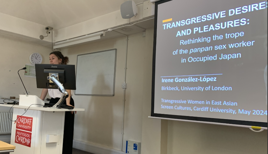 BirkbeckLCAL's tweet photo. Here's Dr Irene González-López delivering her invited keynote 'Transgressive desires and pleasures: Rethinking the trope of the panpan #sexworker in Occupied Japan' at @cardiffmlang's #TransgressiveWomen in East Asian Screen Cultures conference, on 23 May 2024! 💪👏 https://t.co/K6yBJRmtab