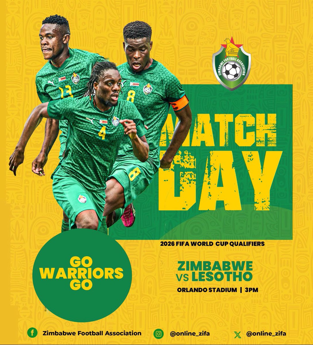 ZimbabweFR's tweet photo. MATCHDAY 

• LESOTHO 🇱🇸 
• 15h00 🕒 
• QUALIF CDM ⭐️ https://t.co/GtKx0kA3ji