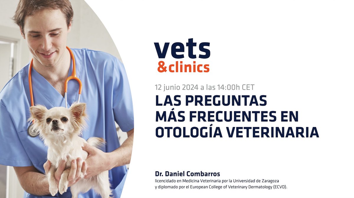 VetsAndClinics's tweet photo. ¡Te invitamos al nuevo webinar de este mes, a cargo del Dr. Daniel Cambarros!

Las preguntas más frecuentes de la otología veterinaria en perros.

🗓️Miércoles 12 Junio
🕓14:00-15.00h
📍Online, en nuestro canal de Youtube

¡No te lo pierdas! https://t.co/RaXyj32CCv