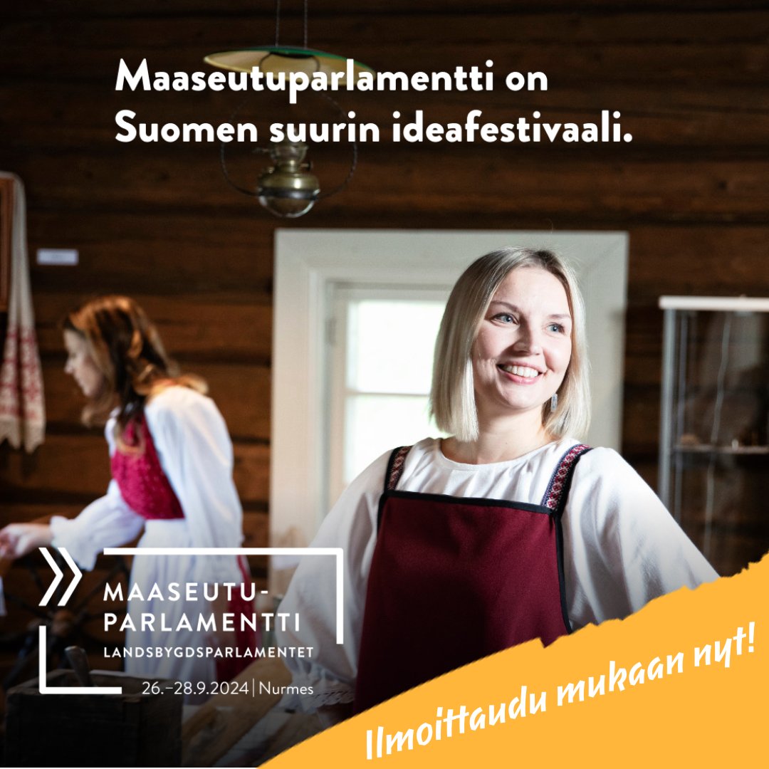 #Maaseutuparlamentti Nurmeksessa 26.-28.9.2024. Tapahtuma on teille kaikille, jotka haluatte rakentaa toiveikasta tulevaisuutta maaseudulle sekä koko Suomelle. Tervetuloa! Lue lisää ja ilmoittaudu mukaan: maaseutuparlamentti.fi/info/ilmoittau… 
#maapuhuu #ideafestivaali #maaseudunsivistysliitto