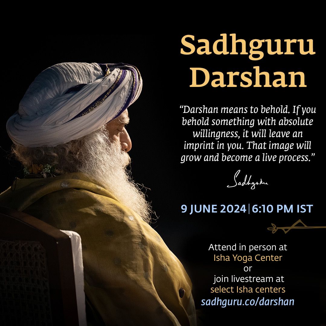 ishafoundation's tweet photo. There will be a Sadhguru Darshan at 6:10 PM IST on 9 June. It will be streamed LIVE from Isha Yoga Center in Coimbatore and available at Sadhguru Sannidhi Bengaluru, Sadhguru Sannidhi Delhi, and other select Isha centers worldwide. It will also be streamed at Isha Institute of Inner-sciences and Isha Yoga Center Los Angeles at 3 PM local time. 

To find a center near you: https://t.co/g0tf9KDaef