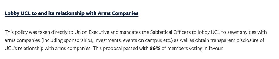 . <a href="/TheUnionUCL/">Students' Union UCL</a> passes policy 86% in favour of lobbying UCL to sever ties with arms companies 

. <a href="/ucl/">UCL</a> cut the ties
studentsunionucl.org/sites/default/…