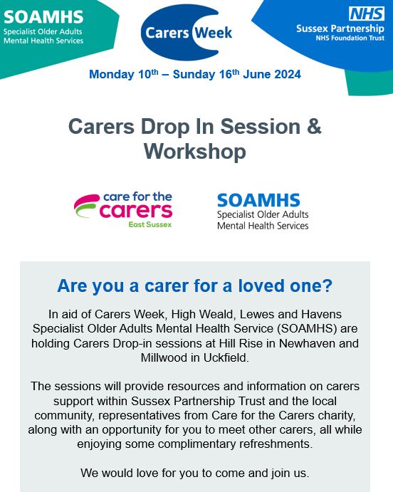HWLH_SOAMHS's tweet photo. In aid of Carers Week 2024, we are holding Carers Drop in sessions at our site in Millwood in Uckfield and Hill Rise in Newhaven. 

If you would like to attend, please give us a call on our relevant office number below. 

#CarersWeek2024 https://t.co/JJVwnxwyOp