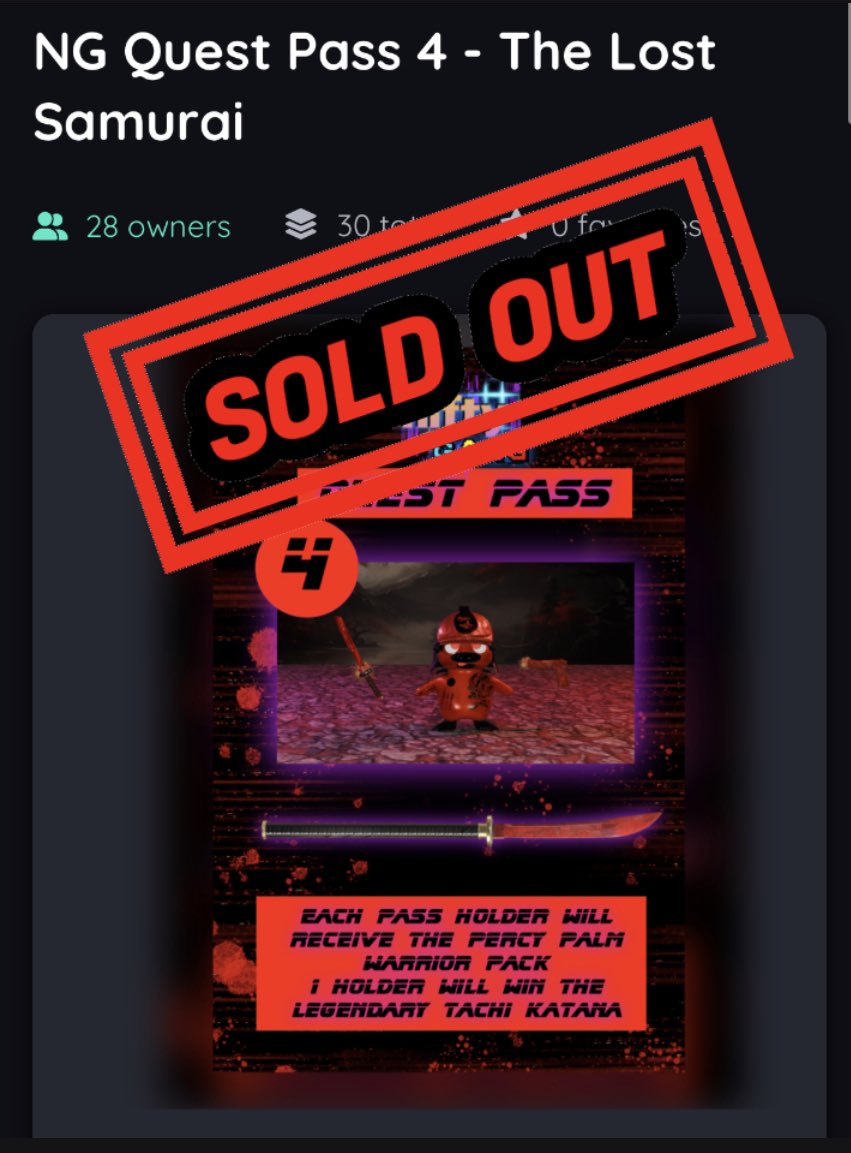 CubeDrop21's tweet photo. NG Quest Pass 4 - The Lost Samurai 

SOLD OUT‼️

Shout out to each &amp; every @PercyGuin Holder &amp; NiftyGANG Member 

Percy is Looking forward to this Sundays quest on @niftyisland 👀 

8.30pm GMT 🇬🇧 
3.30pm EST 🇺🇸 

#ItsChilly 🥶 https://t.co/vqSPr6FQTS