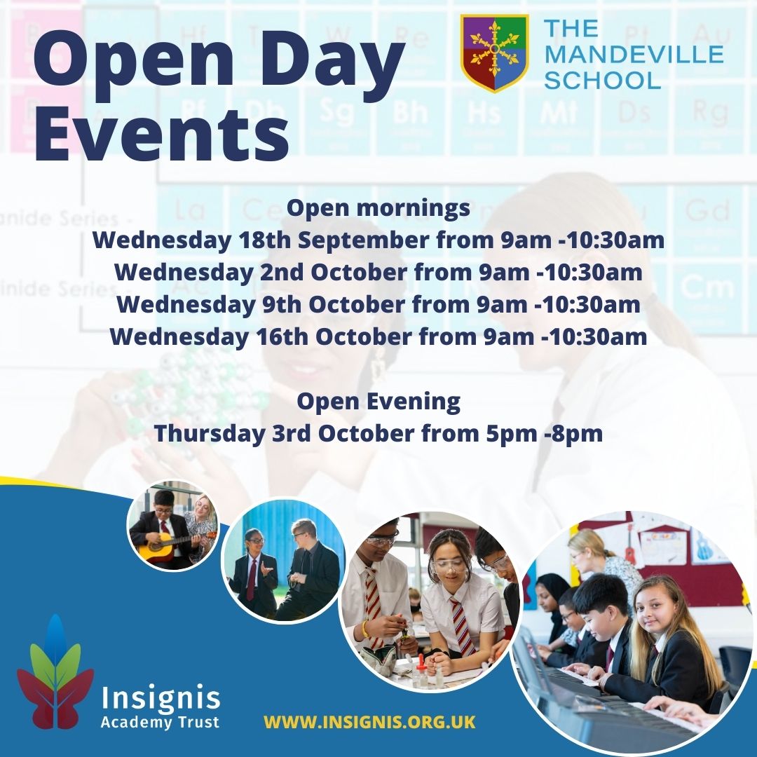 Mark the date!
We are glad to announce several open mornings and an open evening taking place at the start of next year. Either make a note of the dates below, or visit our website and sync your calendar with ours to keep up to date with school events.
mandeville.bucks.sch.uk/Calendar/
