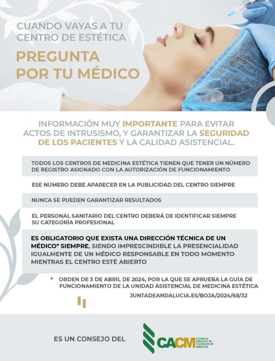 SEMEstetica's tweet photo. 🔵Recuerda, cuando vayas a tu centro de #estética, siempre pregunta por tu médico.
#STOPintrusismo #NOsintumedico
@CACM_Andalucia https://t.co/yGsvtHRWbo