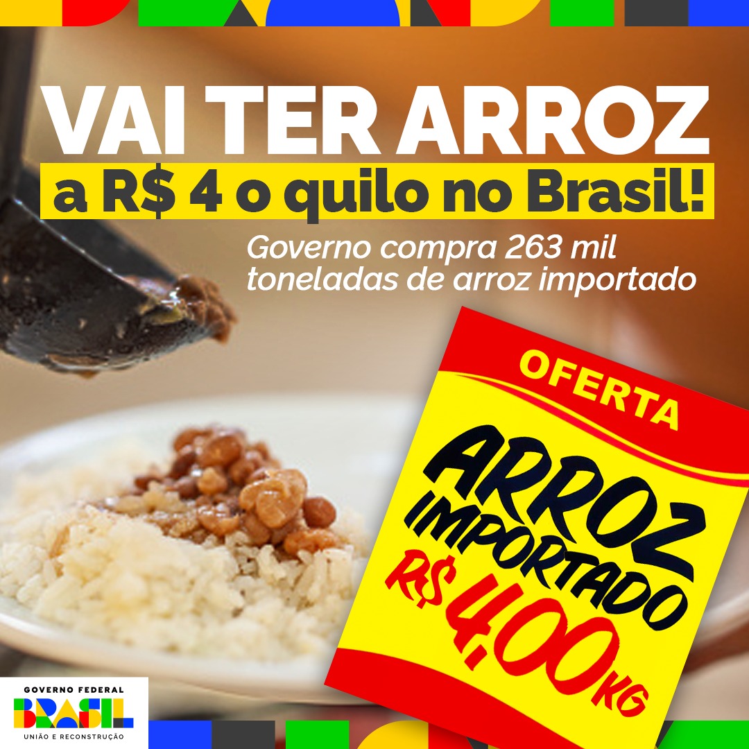 🍚É o arroz de todo dia, garantido, a preço justo! O Governo Federal realizou, nesta quinta-feira (6), o primeiro leilão de arroz importado, adquirindo 263 mil toneladas do produto. O arroz comprado é o de todo dia dos brasileiros: beneficiado, polido, longo fino, +