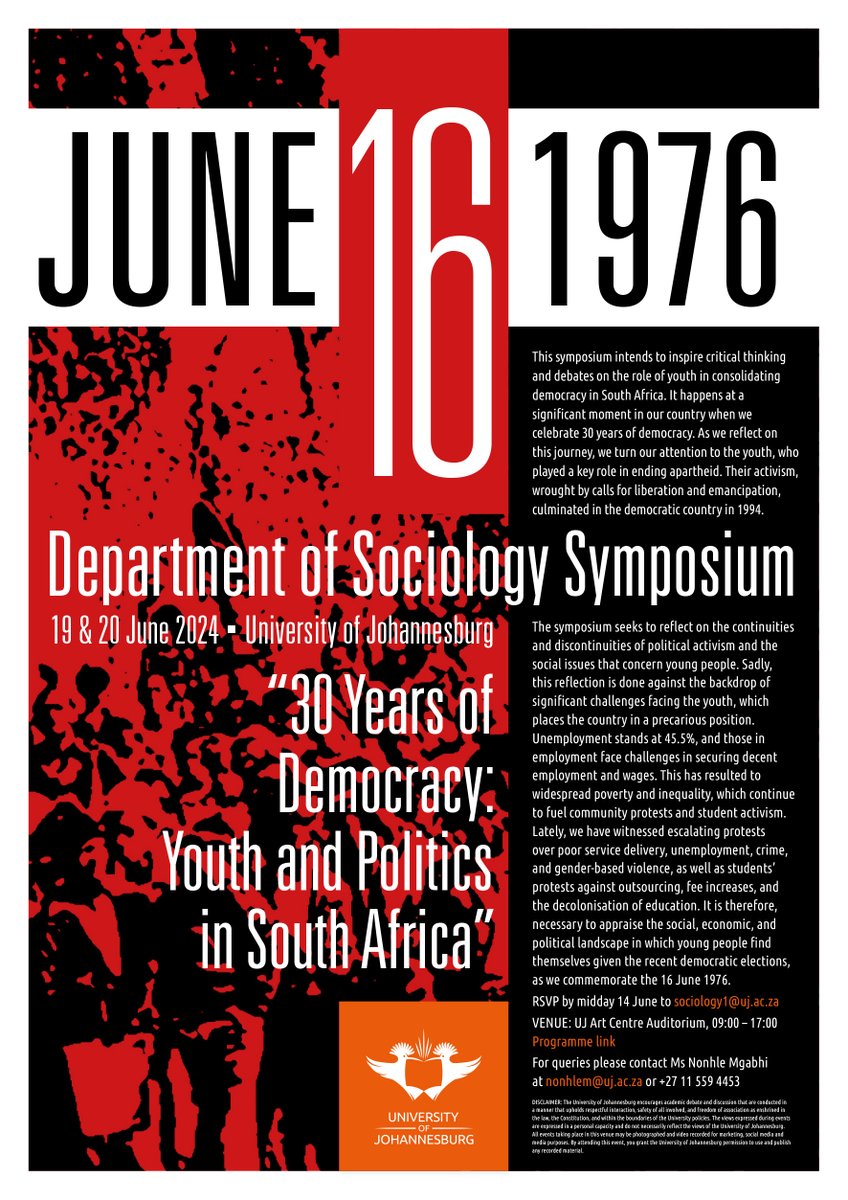 This #YouthMonth we're excited to announce that we'll be hosting an exciting #30YearsOfDemocracy symposium under the theme of 'Youth &amp; Politics'. Join us on 19-20 June @ UJ Arts Centre, 09:00 - 17:00.  RSVP by 14 June to sociology1@uj.ac.za